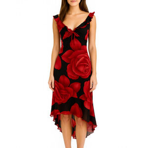 VTG Y2K Whimsigoth Dance in Paris Roses Dress Babydoll Asymmetrical Black Red L